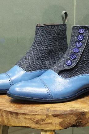 New Mens Handmade Stylish Formal Boot, Grey Tweed & Blue Leather Ankle High Casual Wear Button Boots