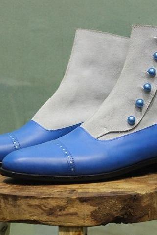 New Mens Handmade Stylish Formal Boot, White Suede & Blue Leather Casual Wear Ankle High Side Style Button Boots