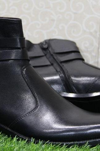 New Mens Handmade Formal Shoes Black Leather Jodhpurs Side Zipper Style Double Buckle Ankle High Boots