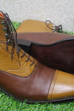 New Mens Handmade Formal Shoes Two Tone Camel Leather Brown Leather Lace Up Ankle High Boots