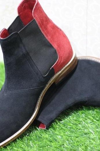 Mens Handmade New Shoes Red & Black Suede Leather Chelsea Ankle High Boots