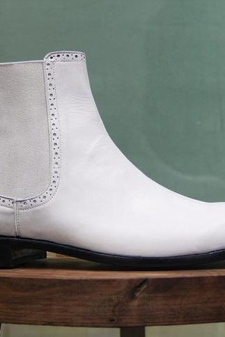 New Mens Handmade Stylish White Leather Ankle High Chelsea Casual Occasion Wear Boots