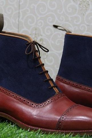 New Handmade Mens Formal Boots, Blue Suede & Burgundy Leather Lace Up Cap Toe Ankle High Boots