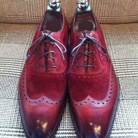 Handmade Men Wingtip Burgundy Color Shoes, Men Suede And Leather Dress ...