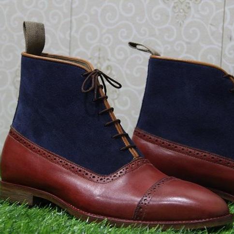 New Handmade Mens Formal Boots, Blue Suede & Burgundy Leather Lace Up Cap Toe Ankle High Boots