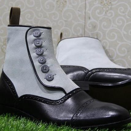 New Mens Handmade Stylish Formal Boot, White Suede & Black Leather Casual Wear Button Boots